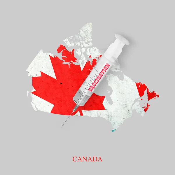 Spuit Voor Vaccinatie Tegen Achtergrond Van Een Kaart Van Canada — Stockfoto