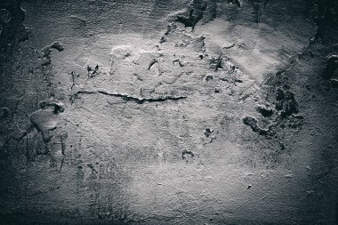 Siyah-beyaz dokular, eski. Çatlak, beton bir duvar. Vignette. Arkaplan.