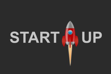 Başla. Koyu gri arka plandaki kelimeler. Uzay roketi. Yeni proje kavramı. İş dünyası.