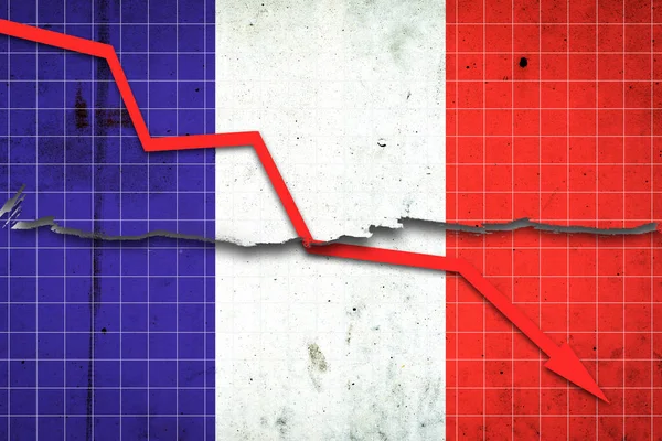 Fall of the France Economy. Recession graph with a red arrow on the France flag. Economic decline. Decline in the economy of stock trading. Downward trends in the economy. Business.