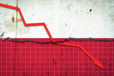 Polonya Ekonomisi 'nin çöküşü. Polonya bayrağında kırmızı okla durgunluk grafiği. Ekonomik çöküş. Borsa ekonomisinde düşüş. Ekonomideki düşüş eğilimleri. İş dünyası.