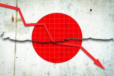 Japon ekonomisinin çöküşü. Japonya bayrağında kırmızı okla durgunluk grafiği. Ekonomik çöküş. Borsa ekonomisinde düşüş. Ekonomideki düşüş eğilimleri. İş dünyası.