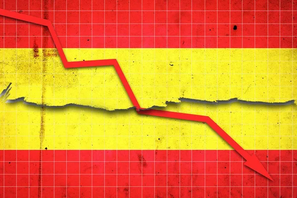 Fall of the Spain Economy. Recession graph with a red arrow on the Spain flag. Economic decline. Decline in the economy of stock trading. Downward trends in the economy. Business.