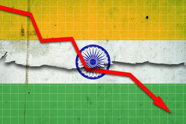 Fall of the India Economy. Recession graph with a red arrow on the India flag. Economic decline. Decline in the economy of stock trading. Downward trends in the economy. Business.