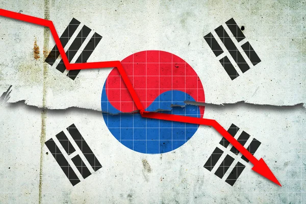 Fall of the Korean Economy. Recession graph with a red arrow on the Korea flag. Economic decline. Decline in the economy of stock trading. Downward trends in the economy. Business.