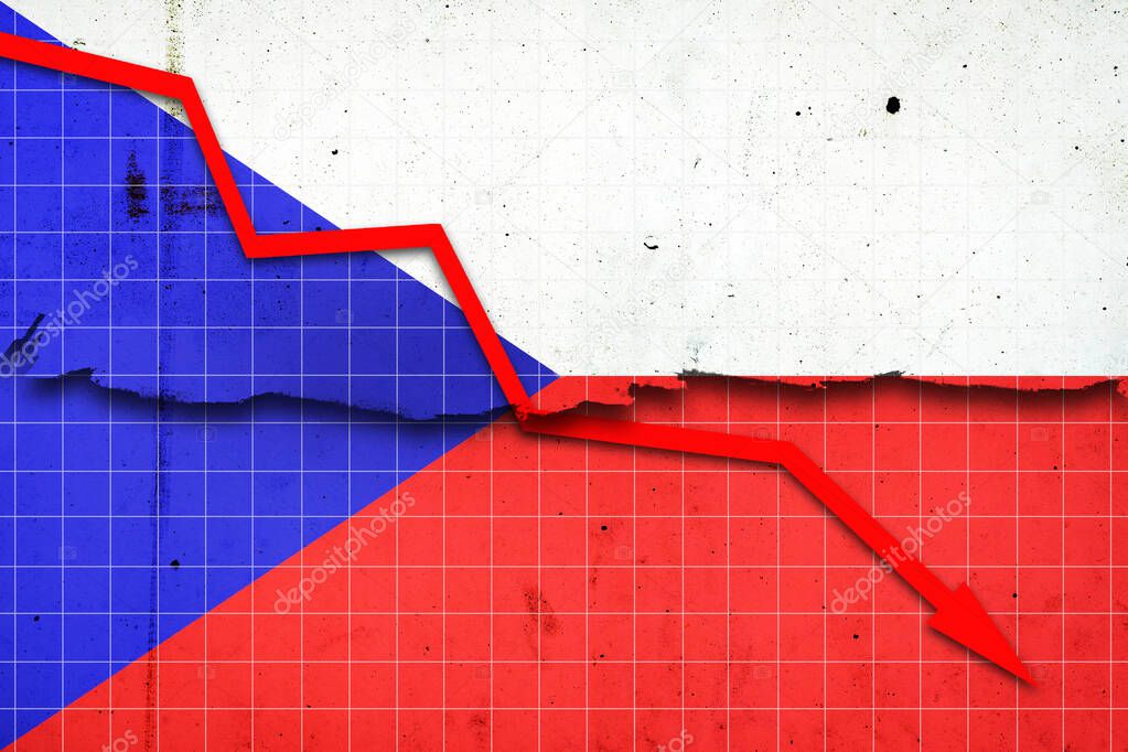 Fall of the Czech Republic Economy. Recession graph with a red arrow on the Czech Republic flag. Economic decline. Decline in the economy of stock trading. Downward trends in the economy. Business.