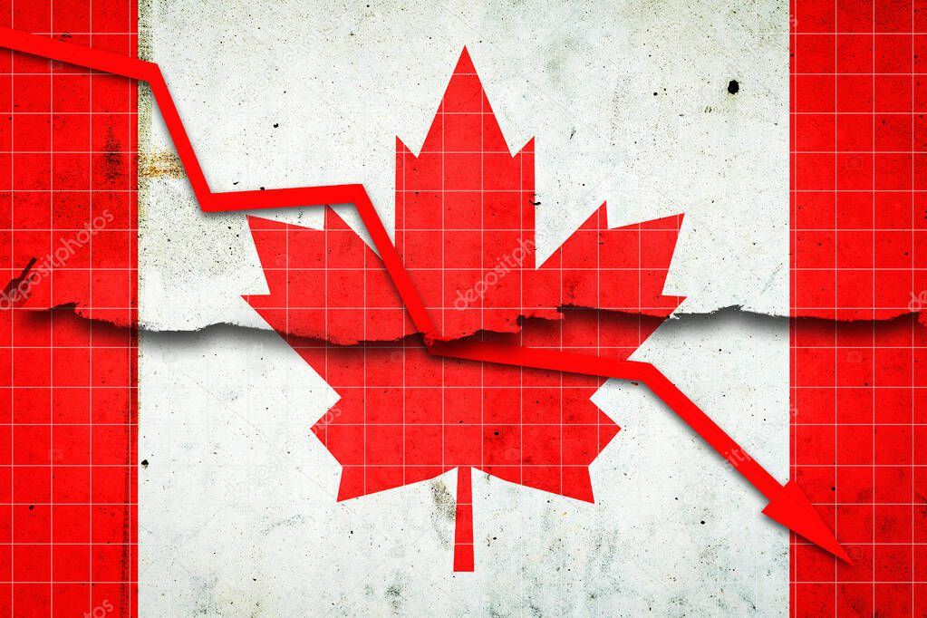 Fall of the Canada Economy. Recession graph with a red arrow on the Canada flag. Economic decline. Decline in the economy of stock trading. Downward trends in the economy. Business.