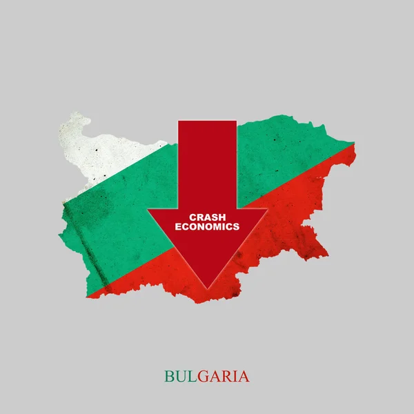保加利亚，崩溃经济学。保加利亚地图上的红色箭头。经济衰退。经济的下行趋势。被隔离了. — 图库照片