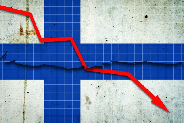 Fall of the Finland Economy. Recession graph with a red arrow on the Finland flag. Economic decline. Decline in the economy of stock trading. Downward trends in the economy.