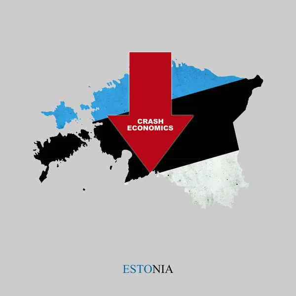 爱沙尼亚，崩溃经济学。爱沙尼亚地图上的红色箭头。经济衰退。经济的下行趋势。被隔离了. — 图库照片