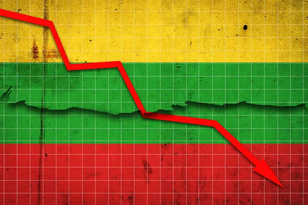 Fall of the Lithuania Economy. Recession graph with a red arrow on the Lithuanian flag. Economic decline. Decline in the economy of stock trading. Downward trends in the economy.
