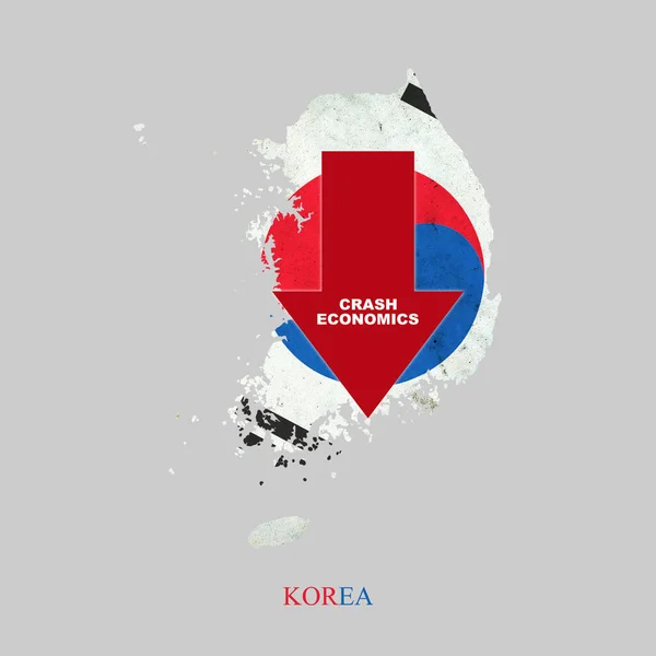 Crash Economics, Korea. Red down arrow on the map of Korea. Economic decline. Downward trends in the economy. Isolated. Business.