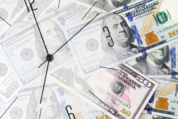 Clock Background Dollar Bills Time Money Business Double Exposure —  Fotos de Stock