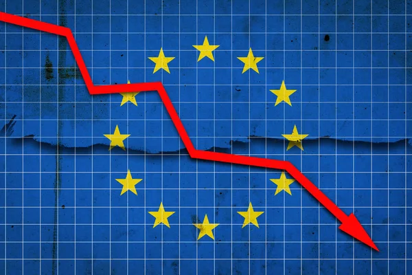 Fall of the European Union Economy. Recession graph with a red arrow on the European Union flag. Economic decline. Decline in the economy of stock trading. Downward trends in the economy. Business