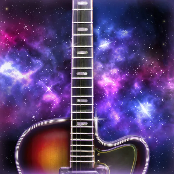 Vieille Guitare Électrique Sur Ciel Étoilé Cosmique Musique Fond Couverture — Photo