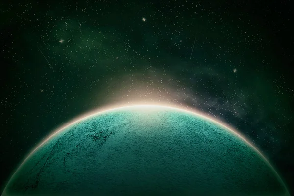 Beautiful green, abstract planet with sunrise and beautiful stars in space. 3D illustration Space