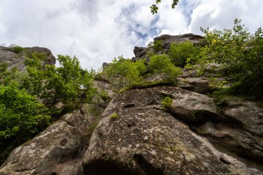 Bulutlu bir gökyüzünün arka planında güzel kayalar. Alt manzara. Dağlar. Tustan. Ukrayna. Doğa. Arkaplan.