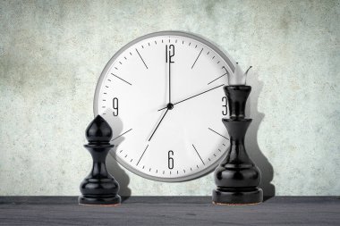 Siyah piyon, saat ve satranç kraliçesi. Kariyer gelişimi konsepti. Karar zamanı. İş Arkaplanı