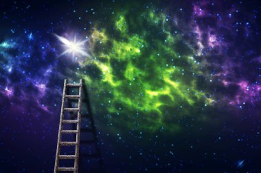 Yıldızlı gökyüzüne giden merdiven. Gol başarı konsepti. Başarı. İş için. Finans arka planı