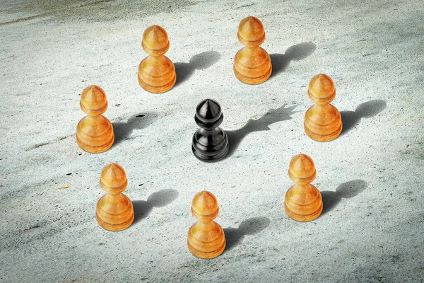 Black Pawn Surrounded White Ones Leadership Concept Innovative Solutions Strategies — Stock Photo, Image