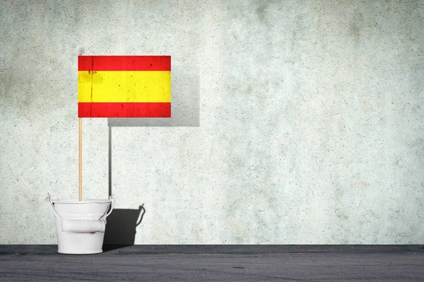 Flagga Spanien Pinne Liten Hink Mot Bakgrund Betongvägg Uppfattat Utrymme — Stockfoto