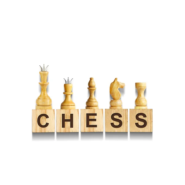 White chess pieces, Chess, word on wooden blocks. Isolated on a white background. Education. Sport. Chess school. Design element. Chess.