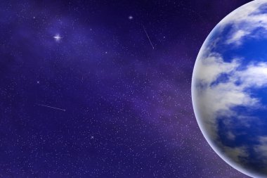 Kozmik gökyüzündeki soyut mavi gezegen. Evren. Uzay arkaplanı. Arkaplan.