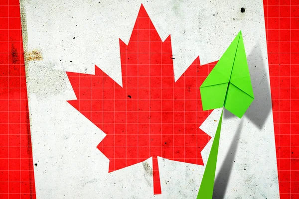 Kanada Bayrağının Arka Planında Yukarı Doğru Var Kağıt Uçak Ekonomik — Stok fotoğraf