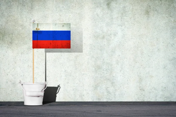 Oroszország Zászlója Egy Boton Egy Kis Vödörben Egy Betonfal Hátterében — Stock Fotó