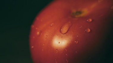 Domates üzerinde su damlar. Yakın, makro. Tilt shift