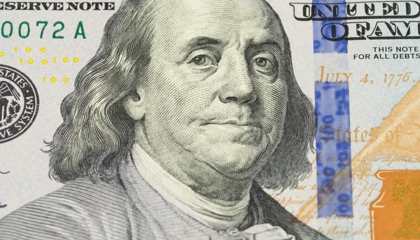 Ben Franklin frente a nosotros billete de 100 dólares extrema macro, Estados unidos de primer plano de dinero — Foto de Stock