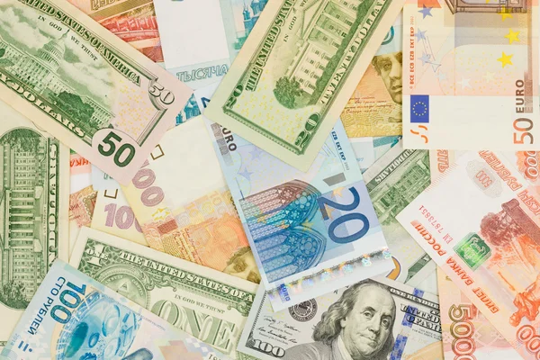 farklı ülkelerden para: dolar, Euro, hryvnia ruble