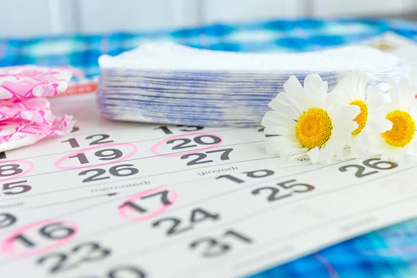 Sanitary pads, calendar, towel and pink flower on light background