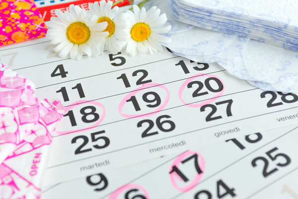 Sanitary pads, calendar, towel and pink flower on light background