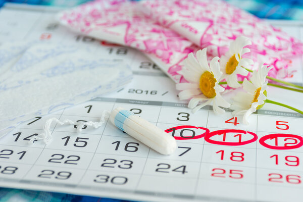 Woman hygiene protection , calendar close up.menstruation with cotton swabs , white daisies, Sanitary napkins on a light background