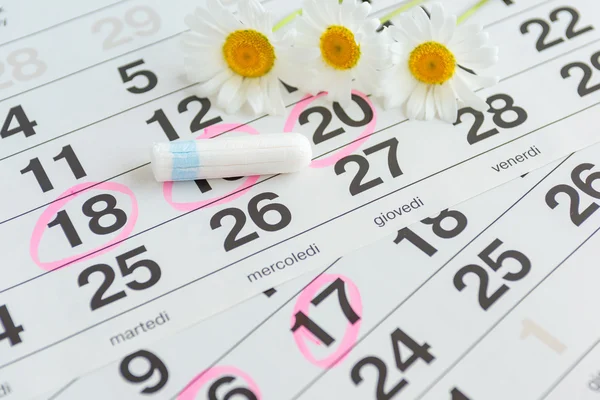 Λευκό ημερολόγιο με ροζ κύκλους γύρω από την εμμηνόρροια ημερομηνία περιόδου και καθαρό ταμπόν που βρίσκεται στην κορυφή. — Φωτογραφία Αρχείου