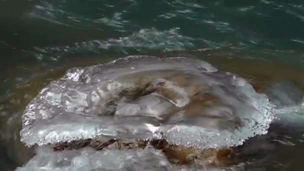 Gelo em uma pedra no fluxo de rio — Vídeo de Stock