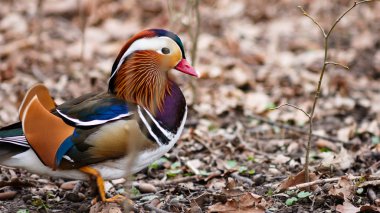 ilkbaharda toprak Brown'un Mandarin ördeği