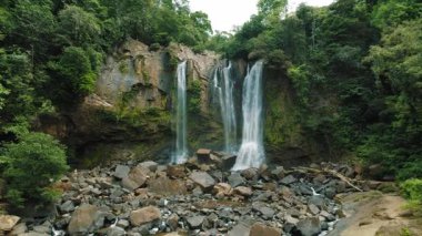 Kosta Rika 'da sık bir orman olan uzun Nauyaca şelalesi kayalık kayalıklardan aşağı dökülüyor..