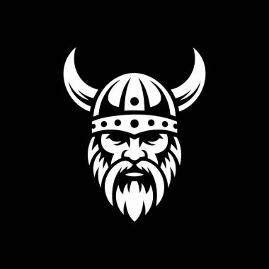 Siyah arka planda boynuzları ve sakalı olan kalın beyaz Viking miğferi. Markalaşma, spor takımları ya da miras temaları için ideal güç, cesaret ve geleneği çarpıcı, modern bir tasarımla aktarmak..