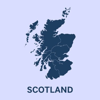 İskoçya 'nın koyu mavi siluet haritası soluk bej bir zemin üzerinde ilçeleri ve kıyı şeridini gösteriyor. İskoçya, haritalar ve bölgesel kimliği vurgulayan coğrafya, seyahat, eğitim ve pazarlama görselleri için ideal.