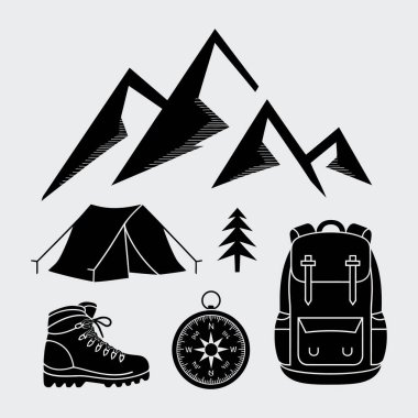 Kamp malzemelerinin tasviri, çadır, sırt çantası, pusula ve siyah beyaz siluet dağlı botlar, açık havada macera ve keşfi sembolize ediyor..