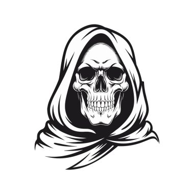 Kaputun altında ayrıntılı, stilize bir kafatası sergilenen vektör sanat eserleri, gizemli ve gotik temaları temsil ediyor, çizimler, dövmeler veya karanlık sanatsal estetiği vurgulayan tasarımlar için mükemmel.