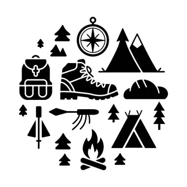 Resimli kamp simgeleri çadırları, pusula, sırt çantası ve kamp ateşi gibi şeyleri sergiliyor, açık hava macerası ve temel kamp ekipmanlarını stilize edilmiş siyah siluet biçiminde vurguluyor.