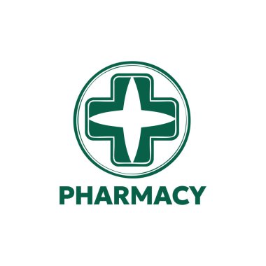 Yeşil Haç sembollü eczane logosu ve kalın eczane metni. Temiz, cesur bir eczane logosu dairesel çizgilerin içinde yeşil bir haç ve PHARMACY sözcüğü var. Tıbbi markalaşma, ilaç hizmetleri ve sağlık pazarlama malzemeleri için ideal.
