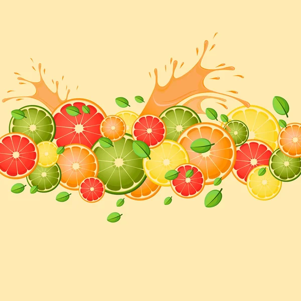Agrumes avec éclaboussures de jus et de feuilles de menthe — Image vectorielle