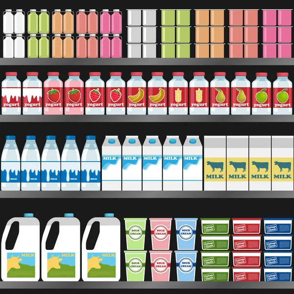 Regal mit Milchprodukten im Regal — Stockvektor