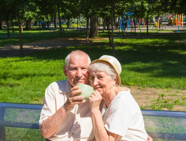 O velho casal feliz no verão em um passeio — Fotografia de Stock