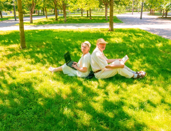 The happy old couple in the summer on a walk — Stock Photo, Image