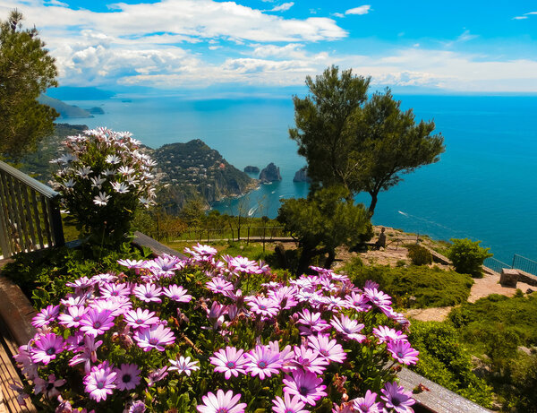 View from a cliff on the island of Capri, Italy, and rocks in sea